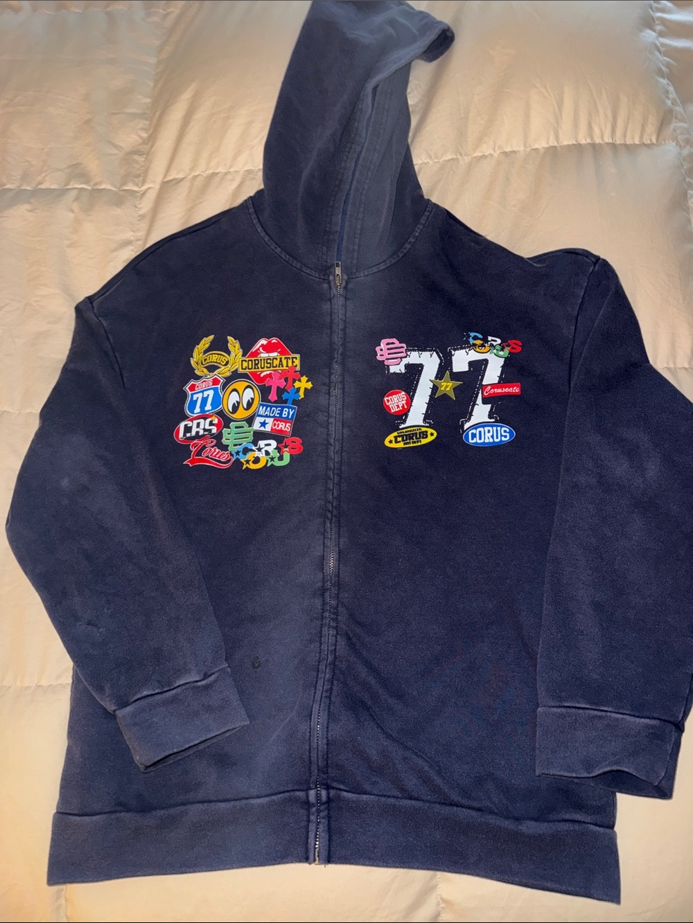 Navy Zip-Up Hoodie with Colorful Graphics